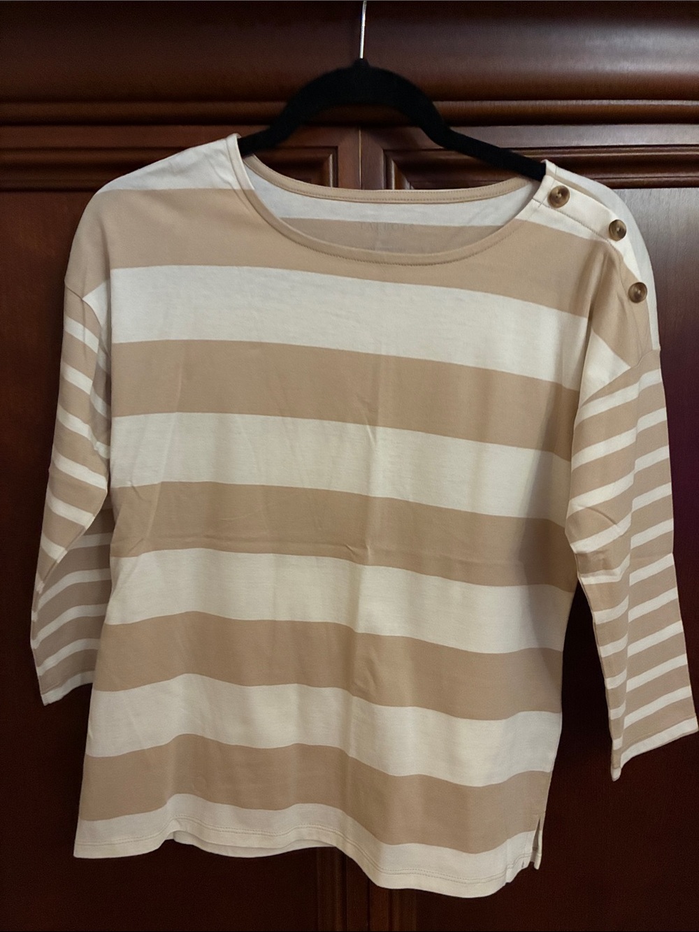 Talbots Striped Beige and Cream Women’s Boatneck Top with Shoulder Buttons